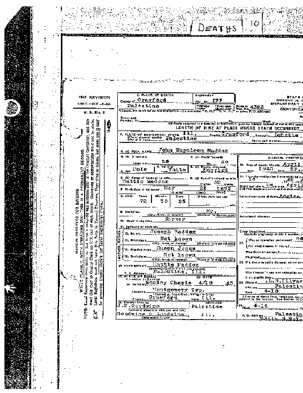 John Napoleon Maddox's death certificate, 1945.